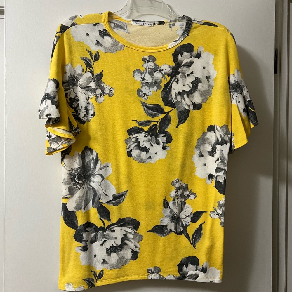 Chris & Carol yellow top with white/gray florals